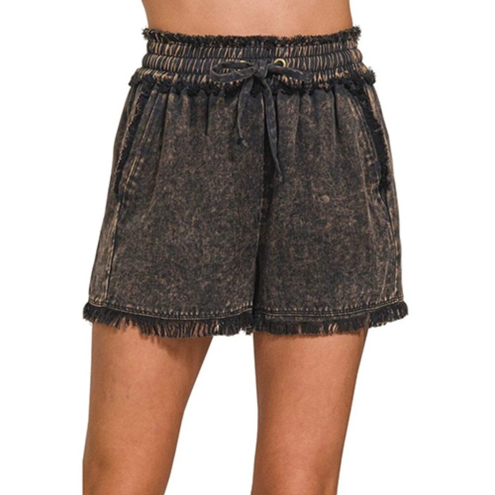Zenana Mineral Frayed Hem Washed Shorts distressed black size L